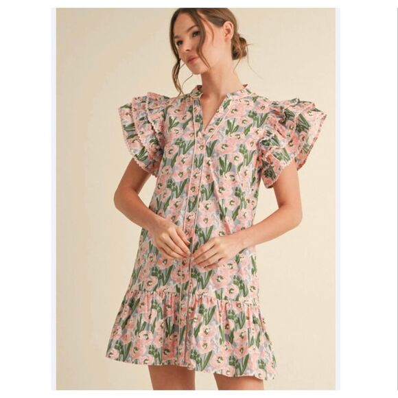 JODIFL Dresses & Skirts - Jodifl Mini Dress Women Medium Pink Green Blue Floral Ric Rac Ruffle Button Down
